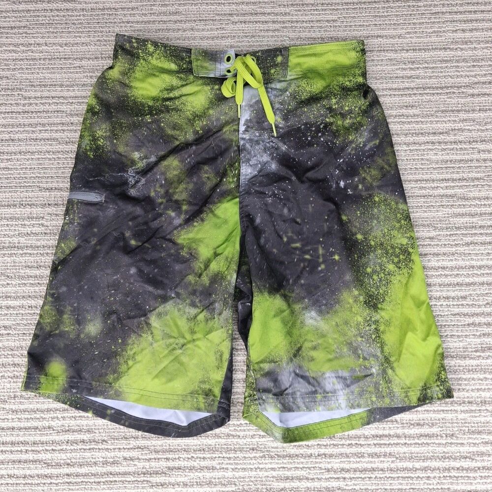 WAVE ZONE MENS SWIM TRUNKS SIZE M BOARD SHORTS LIME GREEN BLACK WHITE SPLATTER